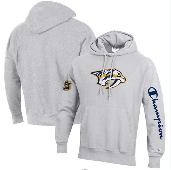 Men's Nashville Predators Champion Heathered Gray Reverse Weave Pullover Hoodie - Click Image to Close